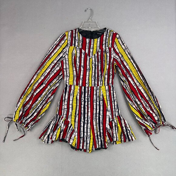 Ofuure Romper Womens Small Red Yellow African Print Ruffle Shorts Tie Sleeves - Picture 1 of 15